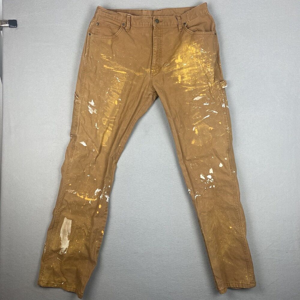 Dickies Mens Work Canvas Pants Sz 34x34 Tan Carpenter Duck Painting Stained Work
